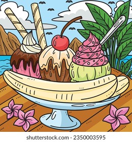 Summer Banana Split Colored Cartoon Illustration