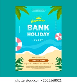 summer bank holiday party invitation template. with sea, beach and palm leaves and coconut background.