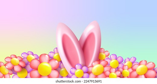 Summer banner with 3D objects. Pink rabbit ears among summer flowers