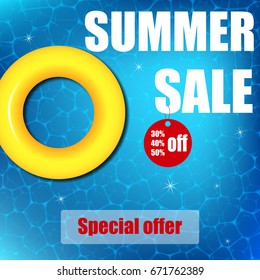 Summer banner with the announcement of discounts on the background of blue water with highlights.