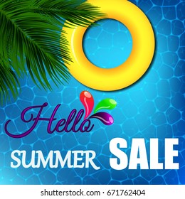 Summer banner with the announcement of discounts on the background of blue water with highlights and palm leaves.