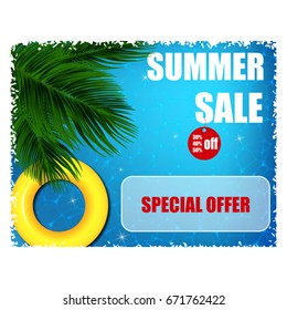 Summer banner with the announcement of discounts on the background of blue water with highlights and palm leaves.