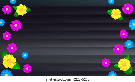 Summer banner, background. Black wooden backdrop and of colored daisies flower. Template, mock-up online shopping, advertising and other design.