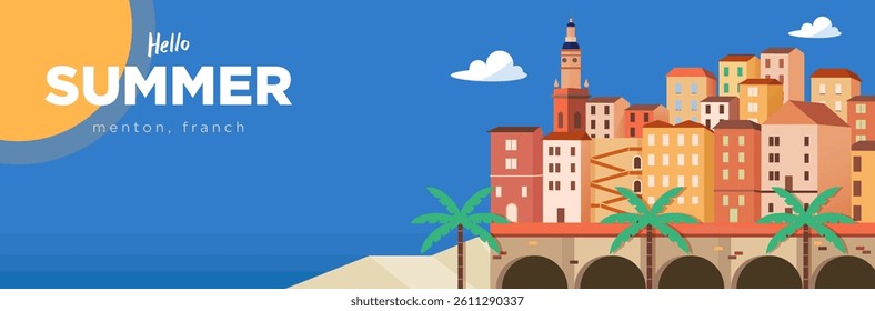 Summer banner background with blue sky and vintage European buildings of Menton city, France, vector design including copy space for text