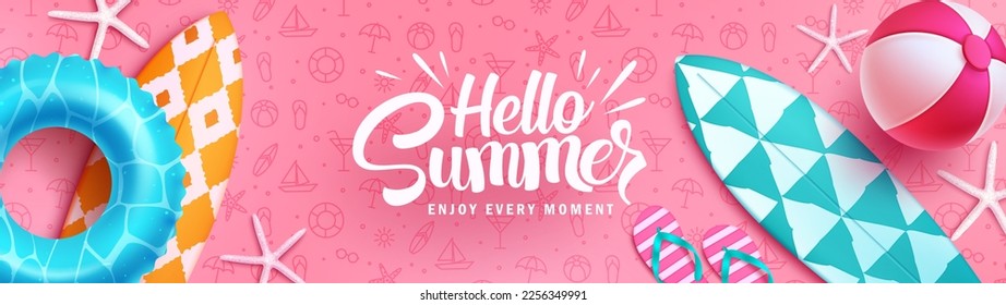 Summer banner background. Hello summer text with surfboard and floater beach element in pattern design. Vector illustration summer greeting design.
