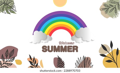 summer banner background with leaf and rainbow ornaments