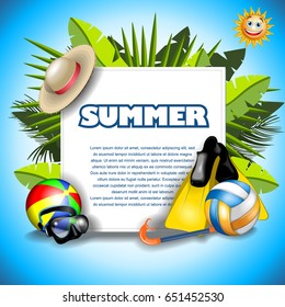 Summer banner background with summer objects 3d ball, hat, flippers, sun, palm vector illustration, tropical beach vocation collection