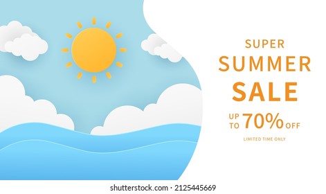 Summer banner background. Ocean with sun and fluffy clouds on blue sky background. Paper cut style. Vector illustration. 