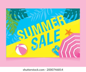 summer banner. beach concept with tropical leaves. summer sale. vector illustration