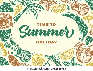 Banner de verano con elementos de equipamiento de playa enmarcados en estilo doodle