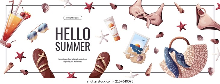 Banner de verano para vacaciones en la playa, vacaciones de verano, ocio, concepto de ocio. Ilustraciones vectoriales. Cartel, volante, afiche, publicidad.