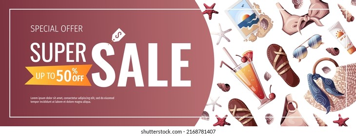 Summer banner for beach Holidays, Summer vacation, Leisure, Recreation concept. Vector Illustrations. Banner, flyer, poster, advertising.