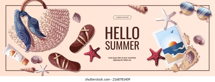 Summer banner for beach Holidays, Summer vacation, Leisure, Recreation concept. Vector Illustrations. Banner, flyer, poster, advertising.