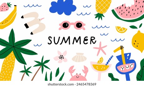 Anuncio de verano con artículos de playa. Ilustración vectorial