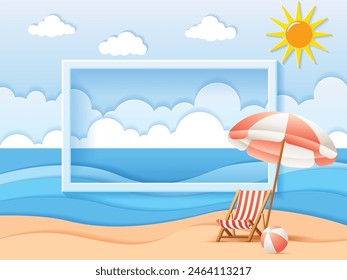 Summer Banner With Beach Landscape, Sea, Clouds, Beach Chair, Pink Umbrella, and Ball With Paper Cut Style