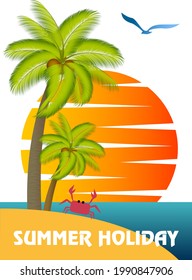 Summer banner. Beach, palm tree, sun and sea 