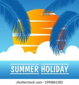 Summer banner. Beach, palm tree, sun and sea. Silhouettes