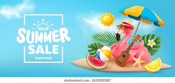 Summer banner with summer beach scene featuring inflatable flamingo,beach umbrella,tropical fruits,ukulele,beach ball,palm leaves bright sunshine on blue background,Promotion template for summer sale
