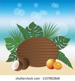 Summer banner beach style vector illustration , wood desk and tropic fruits with blurred sky  ,sea and sand