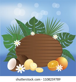 Summer banner beach style vector illustration , wood desk and tropic fruits with blurred sky  ,sea and horizon 