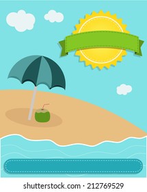 Summer banner with beach, sun and label with copy space. Banner summer on the beach