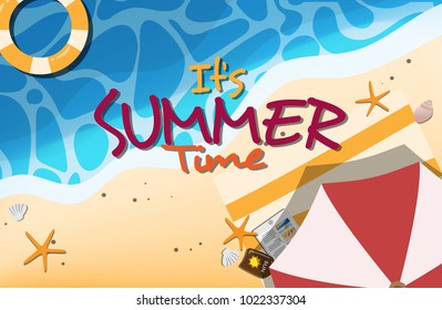 It's Summer banner with beach towel, lifering, and tablet on the beach near sea for tropical summer holiday vacation wallpaper or billboard or summer sale banner