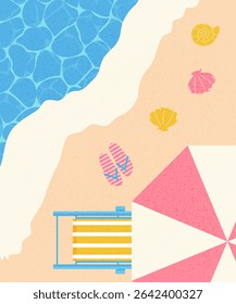 summer banner, beach umbrella with sun lounger on the beach, grainy texture, vector illustration