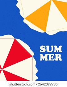 summer banner, beach umbrellas on a blue background, grain texture, vector