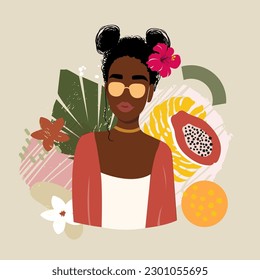 Summer banner with black woman, tropical jungle leaves, fruits and various shapes. Abstract Modern exotic jungle plants vector illustration