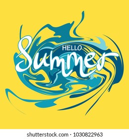 Summer banner with blue waves and calligraphy lettering Hello Summer. Bright sea ocean stylized waves on yellow background. Abstract vector holiday flat design.