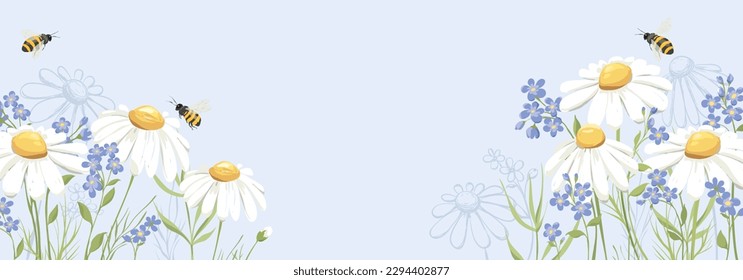 Summer banner with bouquet. Birthday, Wedding or Mothers Day illustration. Vector design element, blue forget-me-nots and chamomile.	