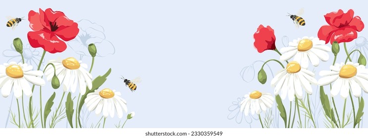 Summer banner with bouquet. Birthday, Wedding or Mothers Day illustration. Vector design element, poppies and chamomile, flower meadow.	