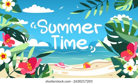 Summer banner with coast, flowers and tropical trees foliage in vector, flat style.