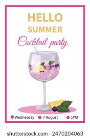 Summer banner cocktail party invitation. Beach holidays, summer party, cafe and bar concept. Cocktail and slice of lemon, mint and blueberry. Vector hand drawn illustration