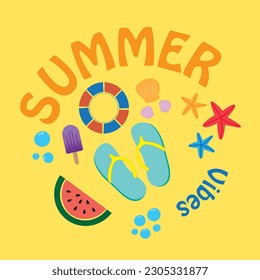 Summer banner with colored beach stuff on a yellow background