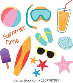 Summer banner with colored beach stuff on a white background