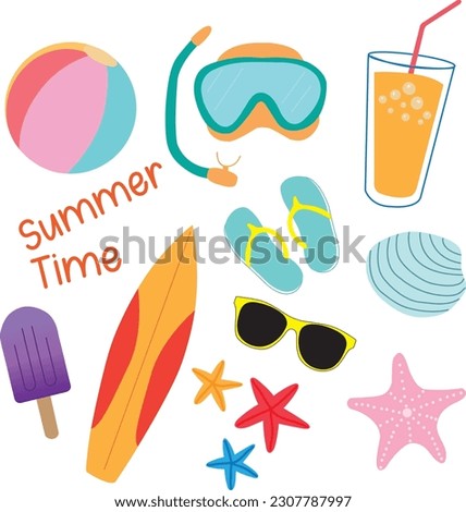 Summer banner with colored beach stuff on a white background