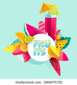 Summer banner with colorful citrus fruits and tropical leaves. Paper cut design.