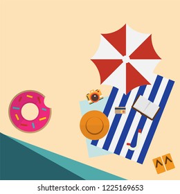 Summer banner with colorful cute summer elements on sand, beach background for wallpaper, cover, banner to place your text or decoration. Vector illustration.
