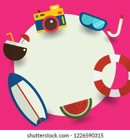 Summer banner with colorful cute summer elements with blank white paper to place your text for background, wallpaper, cover, banner or decoration. Flat style, vector illustration.