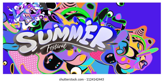 Summer banner with colorful doodle background. Design template for event and sale promotion poster.
