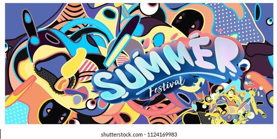 Summer banner with colorful doodle background. Design template for event and sale promotion poster.

