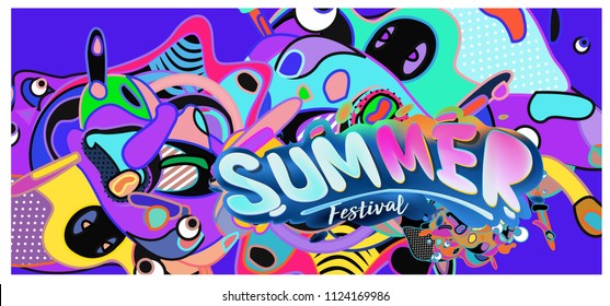 Summer banner with colorful doodle background. Design template for event and sale promotion poster.
