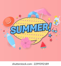 Summer banner concept. Summer character in a text box with cute summer elements on peach color background. Paper art and cartoon style.