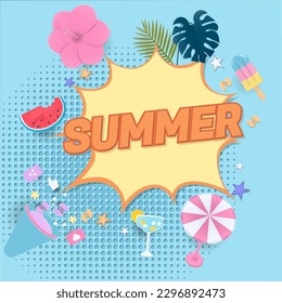 Summer banner concept design with a text box, megaphone, and cute summer elements on blue background. Paper art and cartoon style.