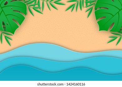 Summer banner concept with paper cut tropical beach top view vector background and place for text. Tropical palm leaves, paper waves and seacoast illustration. For banner, flyer, poster, app