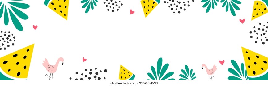 Summer banner decorated with yellow watermelons, tropical plants, flamingos, hearts and dots on white background flat vector illustration. Horizontal background design for website in summer theme