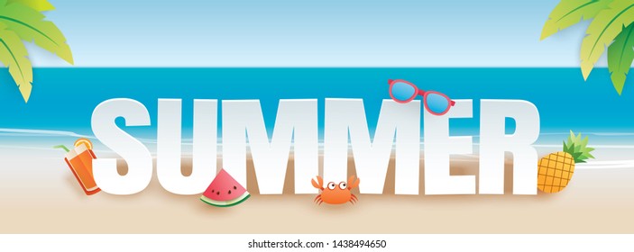 Summer banner with decoration origami. Paper art and craft style. 