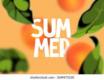 Summer banner with defocused orange tree leaves and oranges. Vector illustration