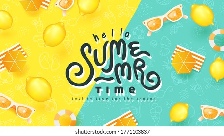 Summer banner design with beach accessories on bright colorful background. Summer Lettering text.